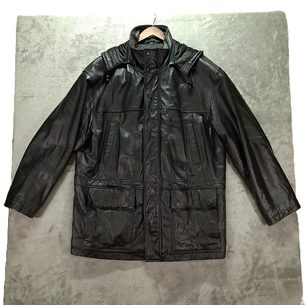 Colebrook Leather Coat Men L Black Full Zip Removable Hood Pockets Insulated